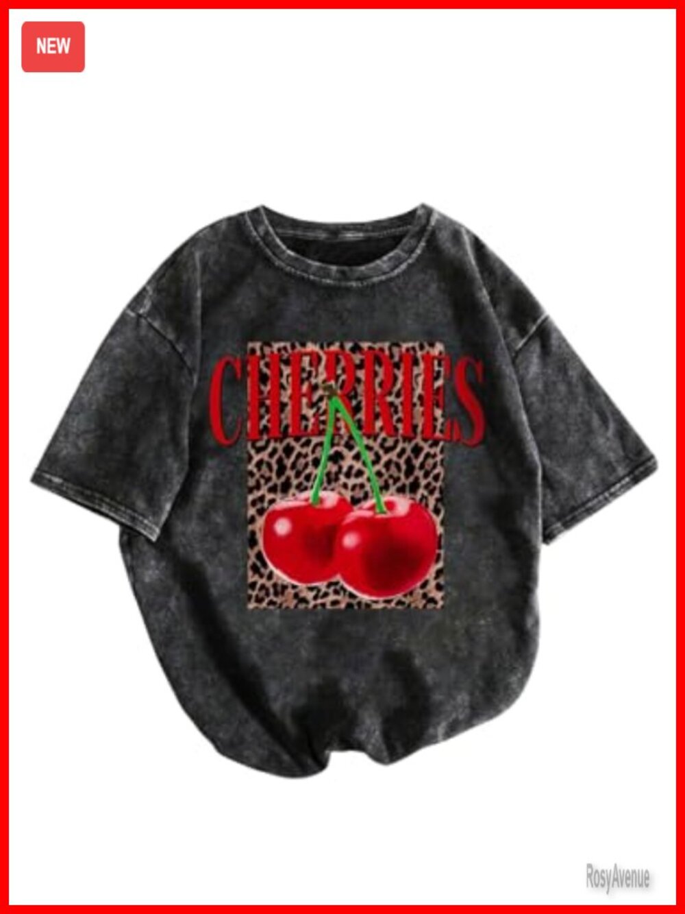 Women's Washed Cherry Leopard Graphic Vintage Crew Neck Short Sleeve Tee